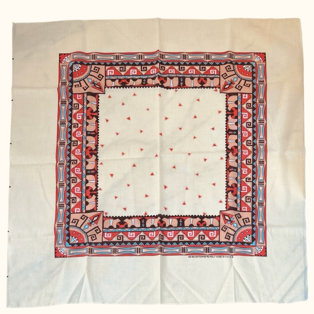 Vintage Southwestern Bandana Handkerchief Bear Print Orange Blue Made in USA